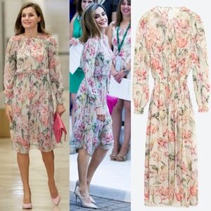Zara Floral Tulip Printed Chiffon Dress in Pink ASO Queen Letizia
